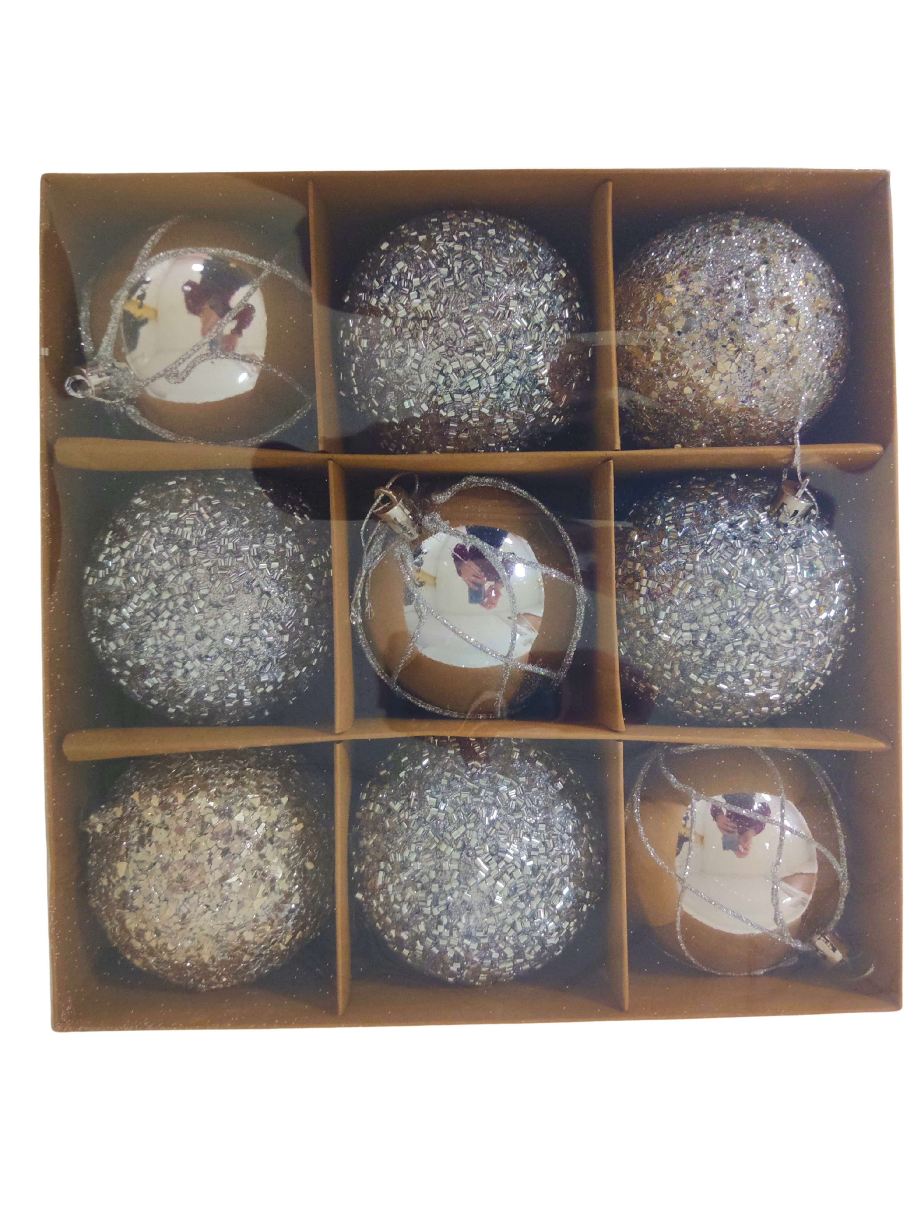 Набор новогодних шаров, (9 шт/уп), серебро, 8 см, 6163-20