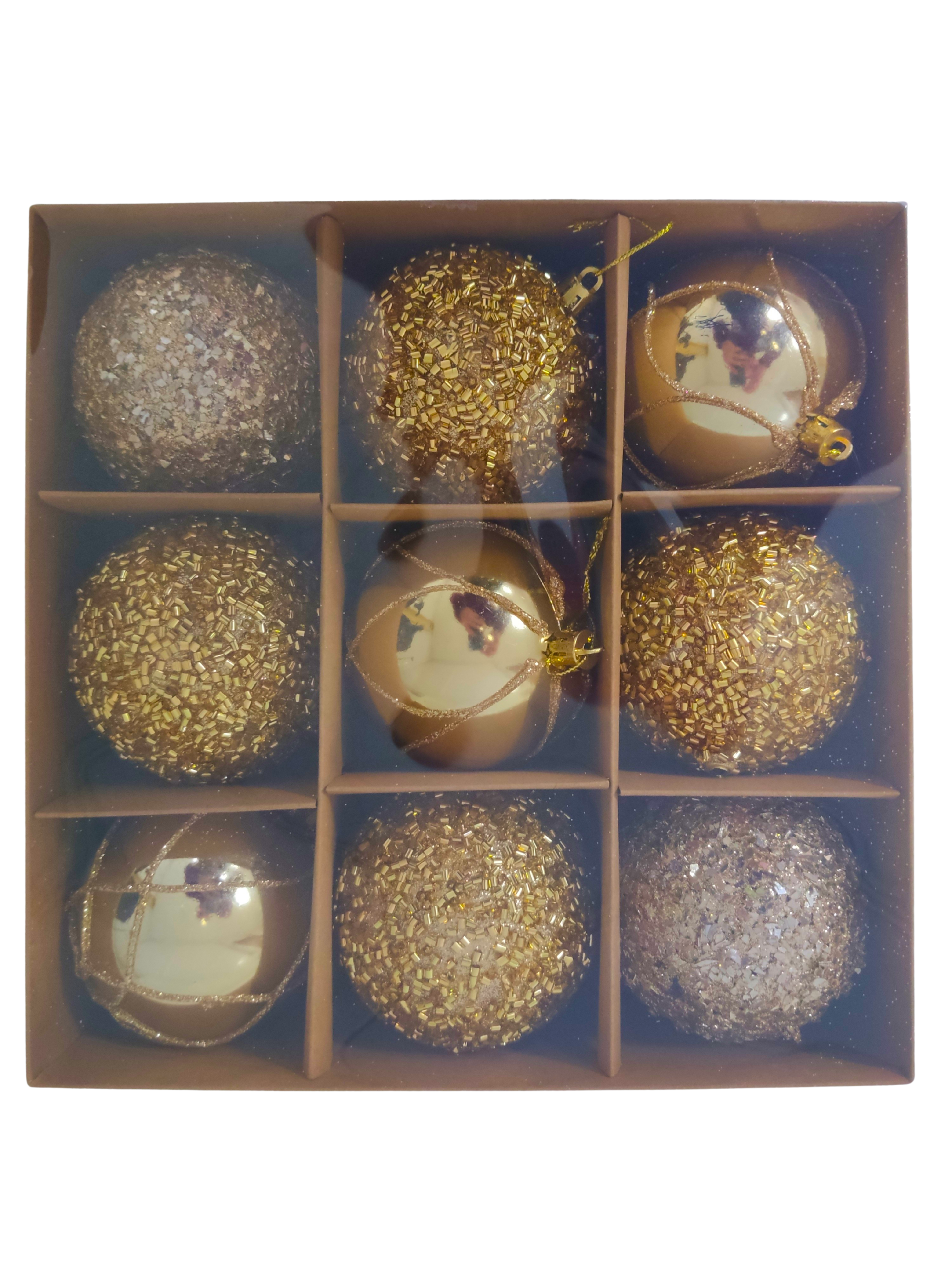 Набор новогодних шаров, (9 шт/уп), золото, 8 см, 6163-19