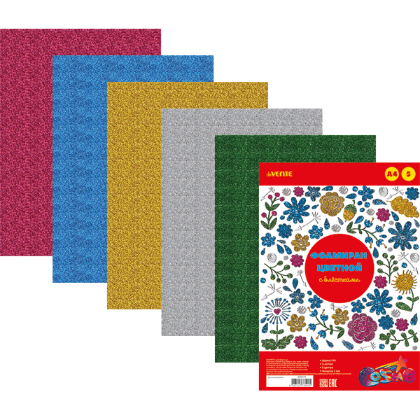 Фоамиран цветной с блёстками A4 'deVENTE' 5 цв, 5 л, толщина 2 мм, 8040779