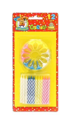 Свечи для торта с подставками 'Разноцветные', (12 шт;уп), европодвес, С-1228