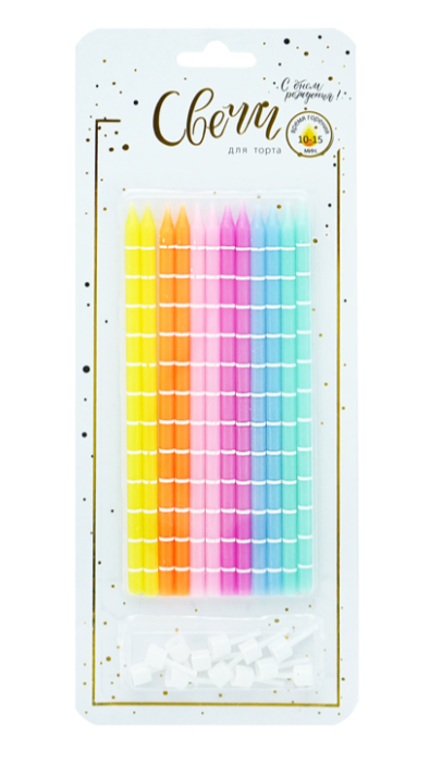 Свечи тортовые классические XL Полоски , ассорти , с держателями, 620222