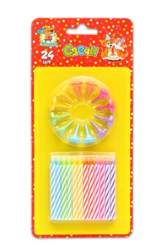 Свечи для торта с подставками 'Цветное ассорти', (24 шт;уп), европодвес, С-0466