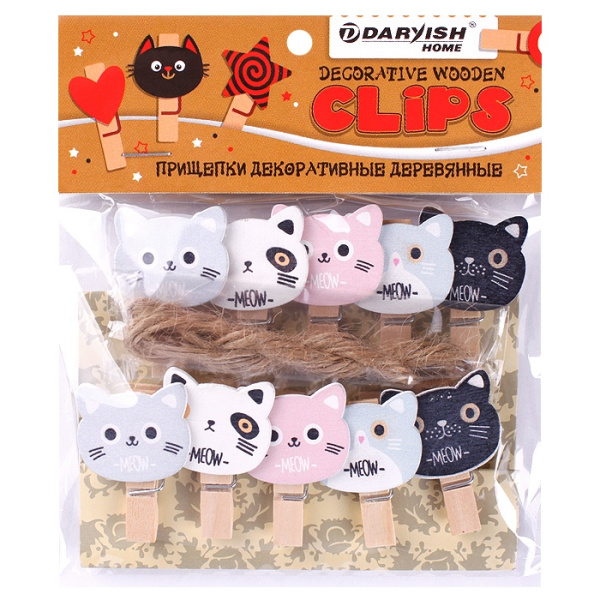Прищепки декоративные Darvish 'Котик', дерево, 10 шт.;уп., DV-H-1081