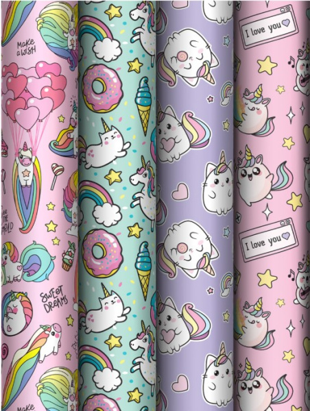 Упаковочная бумага глянц. 70х100см, MESHU Unicorn, 80 г/м2, ассорти, 4 дизайна, MS_62805