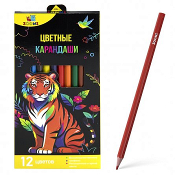 Карандаши цветные ZOOMI 12 цв., "Тигр", пластиковые, шестигранные, ZM522