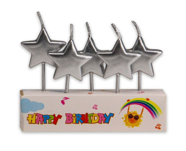 Свечи для торта Миленд на пиках Серебряные звездочки, 5 шт, пластик уп., С-2541