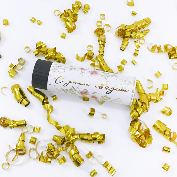 Хлопушка пружинная 'С днем свадьбы!' , Блеск серпантин с золотой печатью 16 см , (1шт), 8016A-GP-P