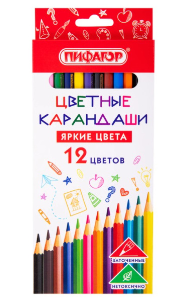 Карандаши цветные ПИФАГОР ЭКО КЛАССИК, 12 цветов, шестигранные, 182048