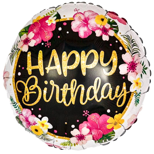 Шар фольга 18' Agura 'Круг',' С днём рождения, тропические цветы и глиттер' 117408