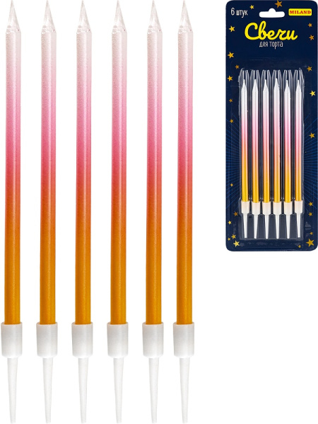 Свечи для торта на подставке 'Волшебство', 0,4х10,5 + 3 см, (6 шт), розово-золотистые, С-2041