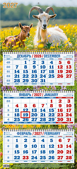 Календарь квартальный трехблочный 2027, Год Козы 5, 310х680, в европакете, 4527014
