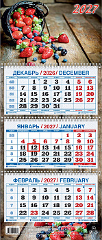 Календарь квартальный настенный трехблочный (2027), Ягодная фантазия, в европакете, 195х465, КМ15-27