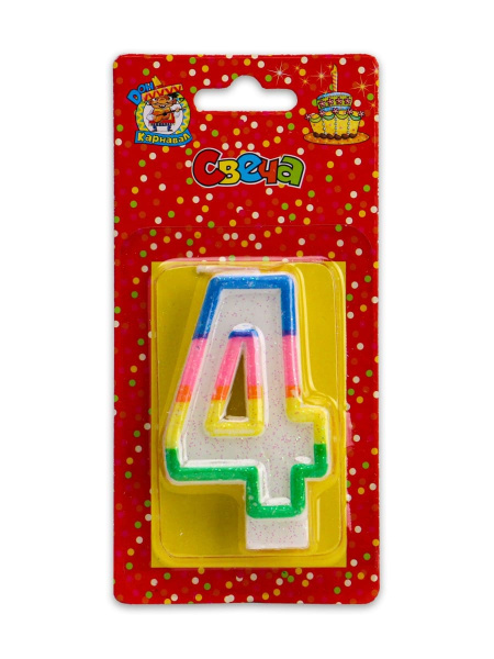 Свеча для торта 'Цифра 4 Разноцветная оконтовка с блёстками' Миленд европодвес С-2419
