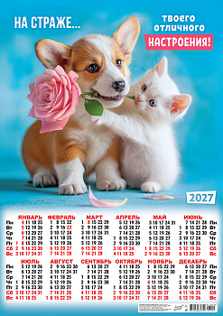 Календарь листовой А2, 2027 год, Кот и пёс. На страже твоего отличного настроения!, ПО-27-109
