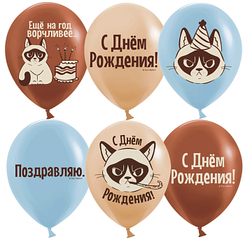 Шар (12''/30 см) С Днем Рождения! (сердитая кошка), Ассорти, пастель, 2 ст, 25 шт. 613022