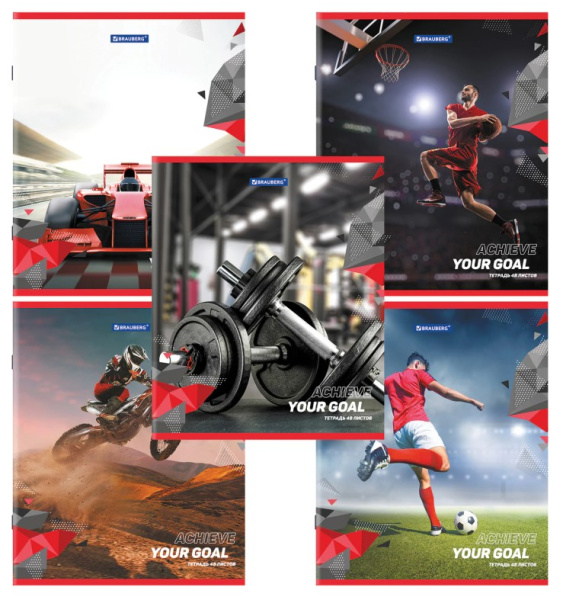 Тетрадь А5 48 л. BRAUBERG скоба, клетка, обложка картон, Sport Club (микс в спайке), 404363