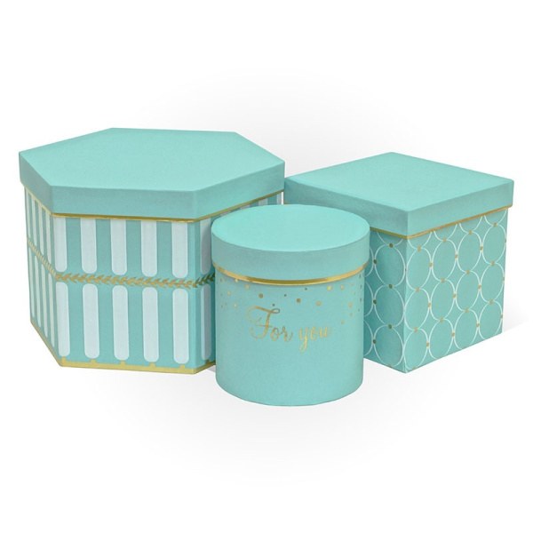 Коробка подарочная Ювелир-Сервис '1Три формы, бирюз.', 12х12х12 см., цилиндр, (Серия 3в1), 0650